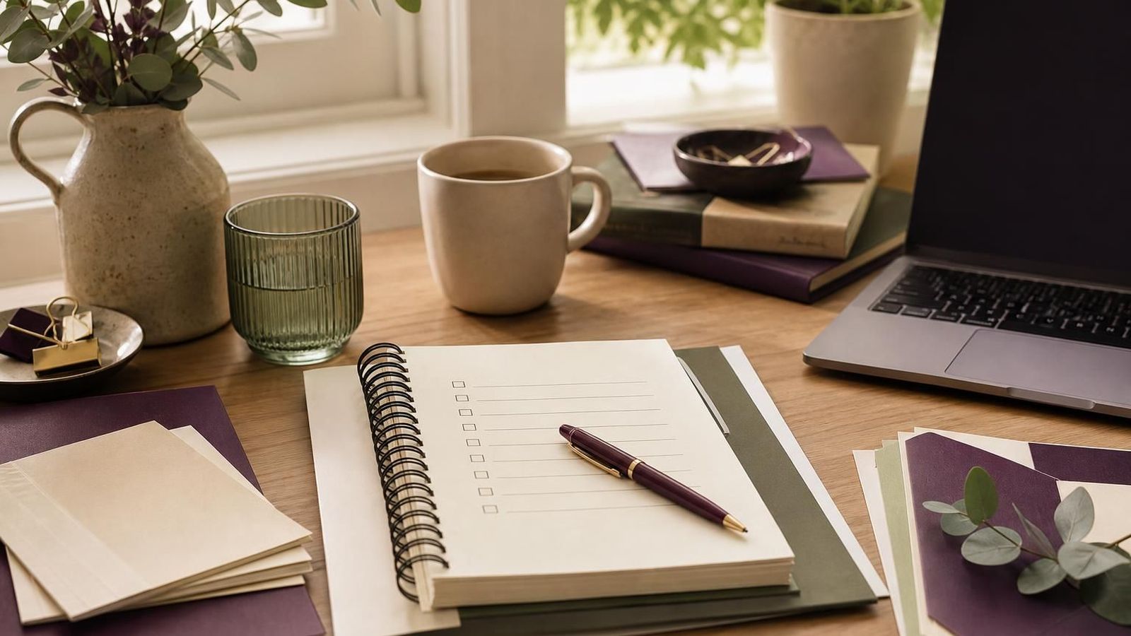 A tidy care planning desk with notes, a checklist and a cup beside a laptop
